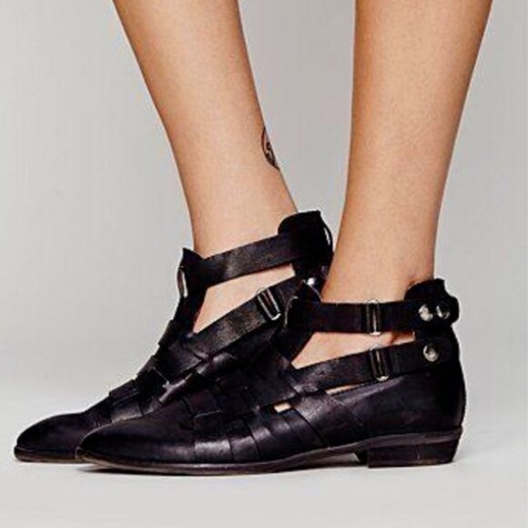 Free People Black Leather Style Nine Ankle Boots Double Buckle Strappy Booties - Picture 1 of 12